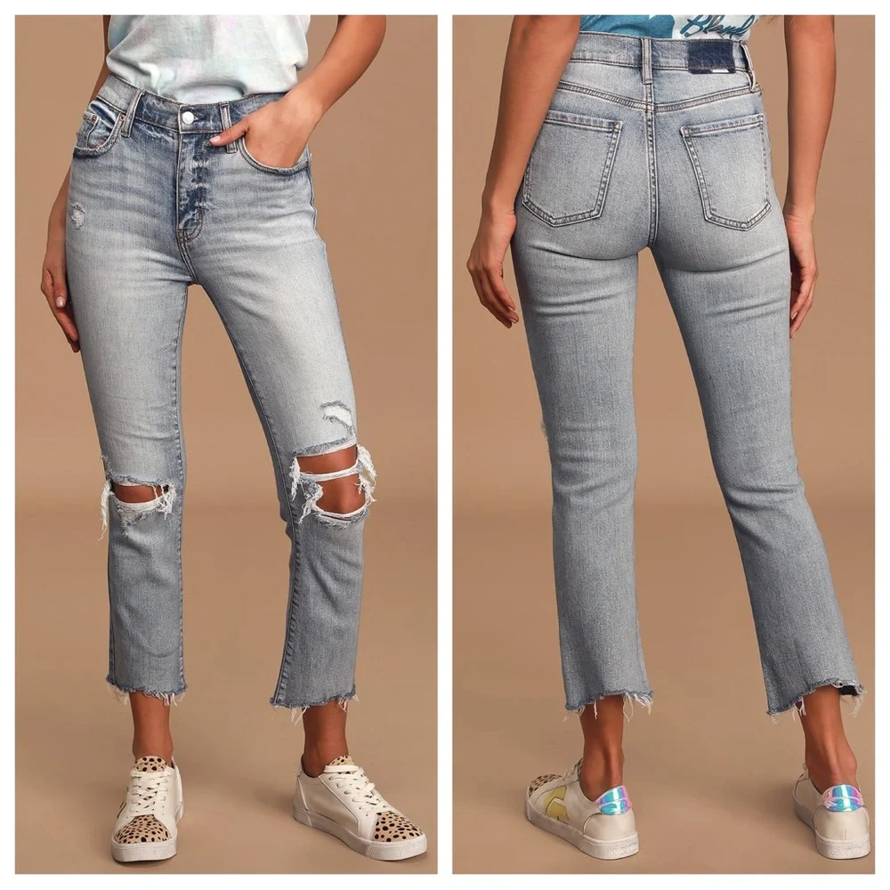 NWT Lulu’s Daze Denim Shy Girl Light Wash Distressed High Waist Crop Fla… - Picture 1 of 8